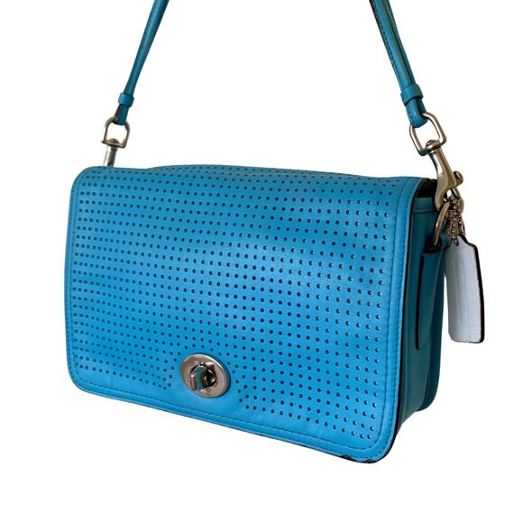 Coach Handbags - Coach Perforated Vibrant Turquoise Blue Leather Flap Crossbody Shoulder Bag